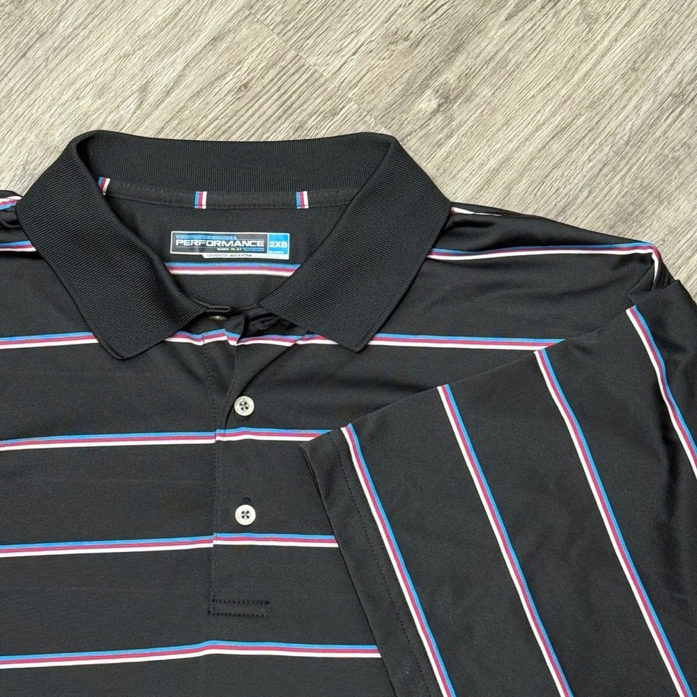 Roundtree & Yorke Performance Men 2XB Polo Shirt Black Striped Short Sleeve Golf